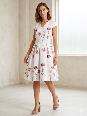 Ted Baker White Midi Dress with Pink Floral Print
